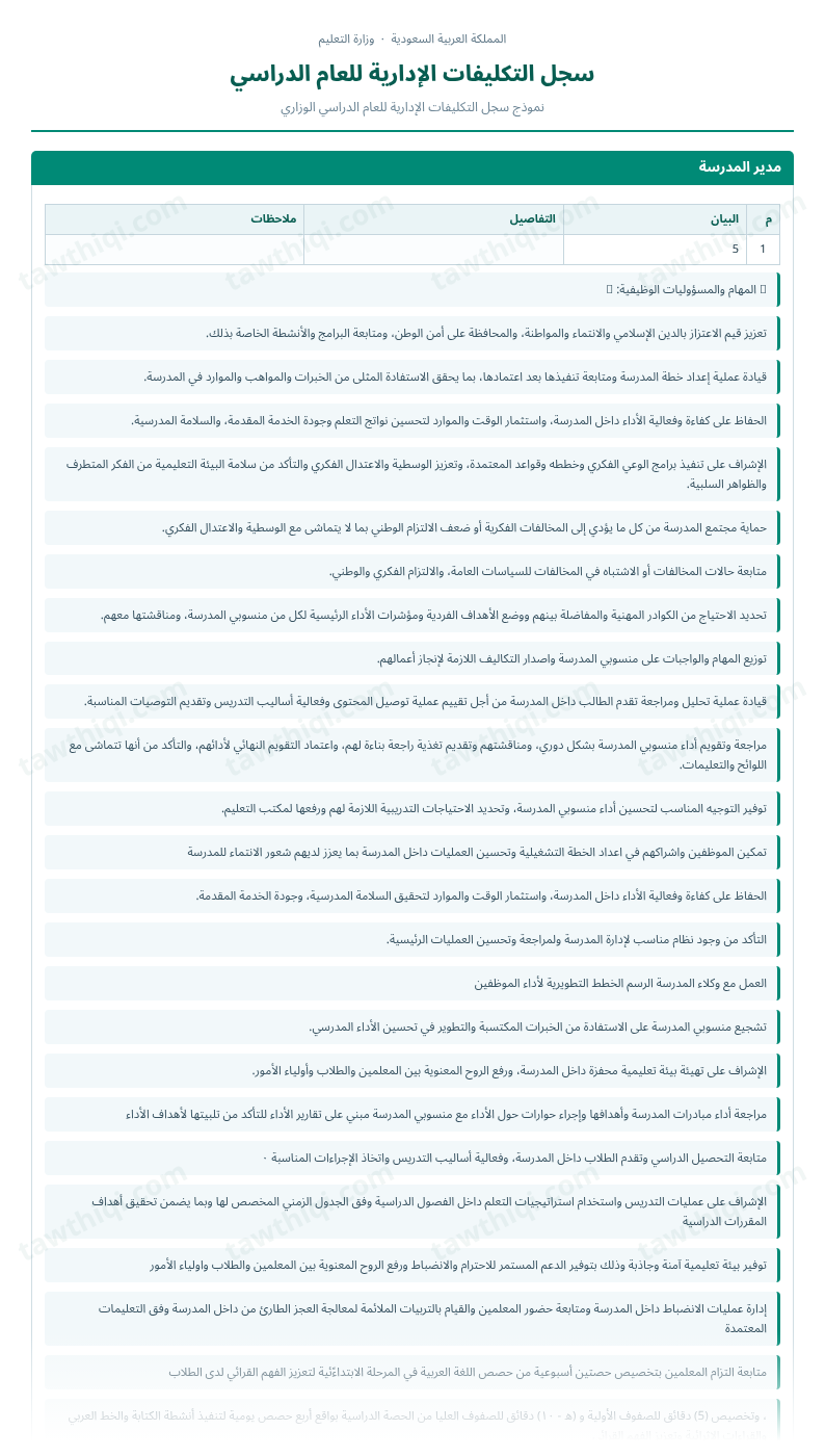 معاينة سجل التكليفات الإدارية للعام الدراسي — الشكل الكامل للنموذج جاهزاً للتعبئة والطباعة