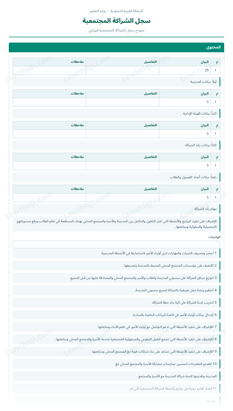 معاينة سجل الشراكة المجتمعية — الشكل الكامل للنموذج جاهزاً للتعبئة والطباعة