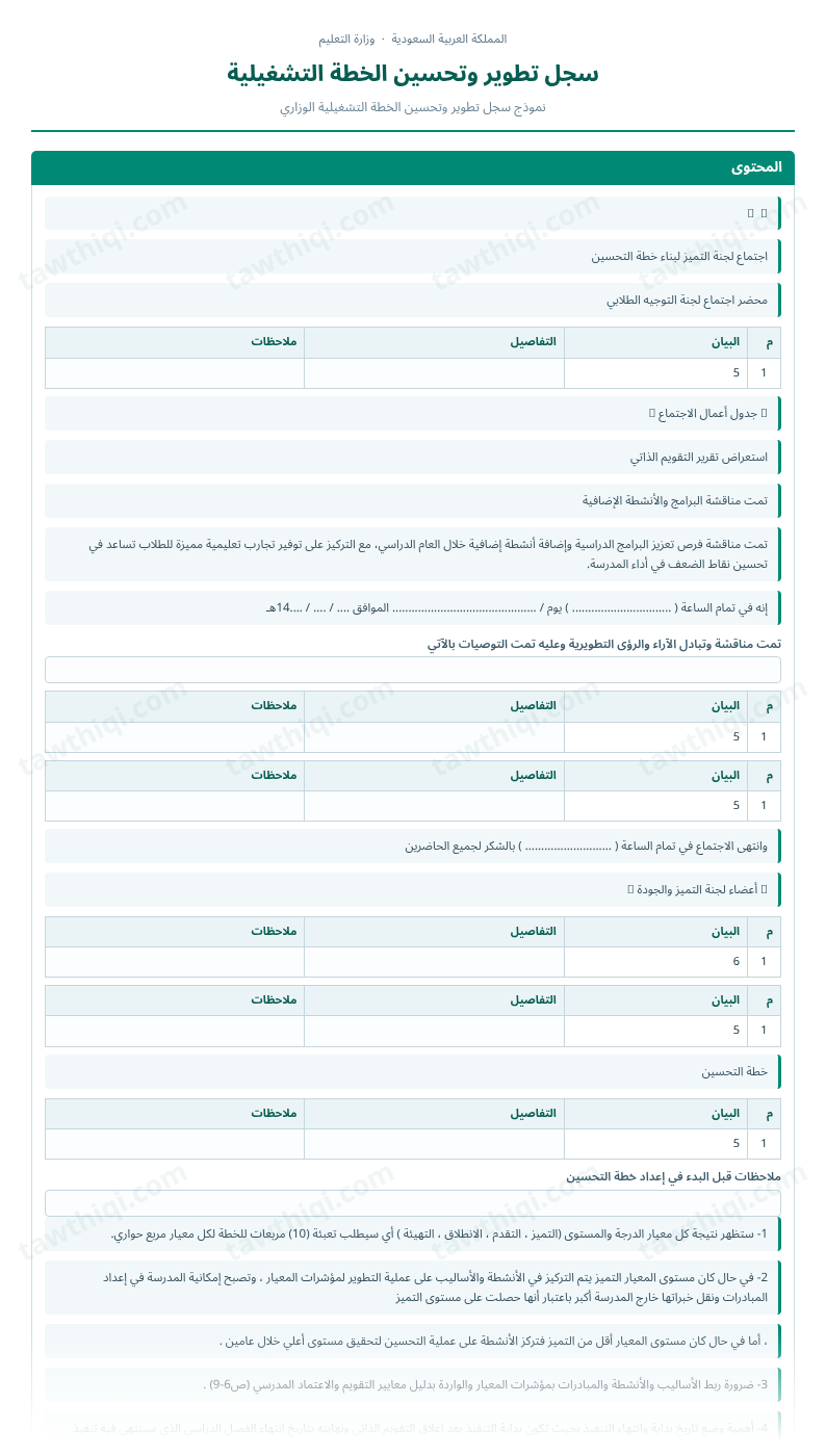 معاينة سجل تطوير وتحسين الخطة التشغيلية — الشكل الكامل للنموذج جاهزاً للتعبئة والطباعة