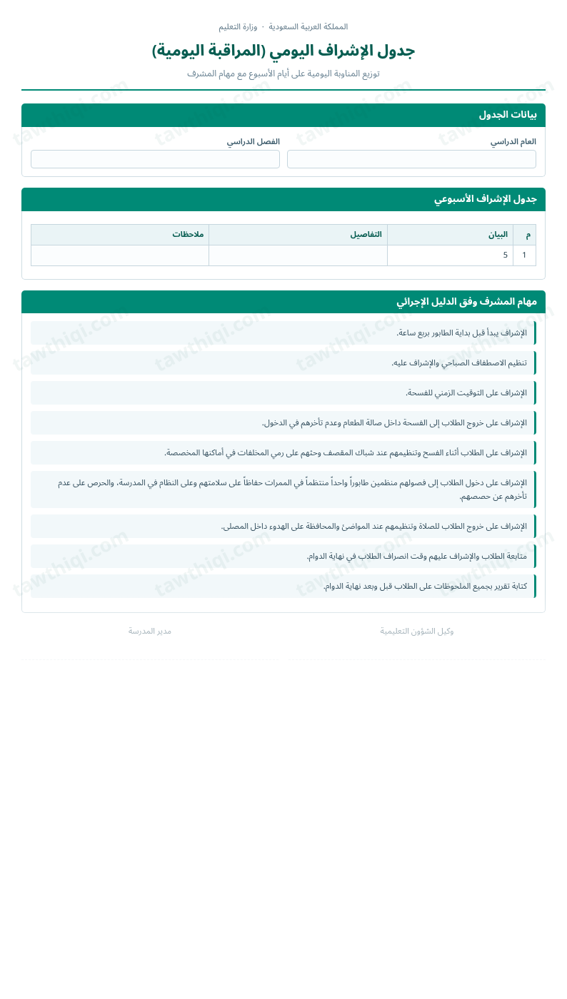معاينة جدول الإشراف اليومي (المراقبة اليومية) — الشكل الكامل للنموذج جاهزاً للتعبئة والطباعة
