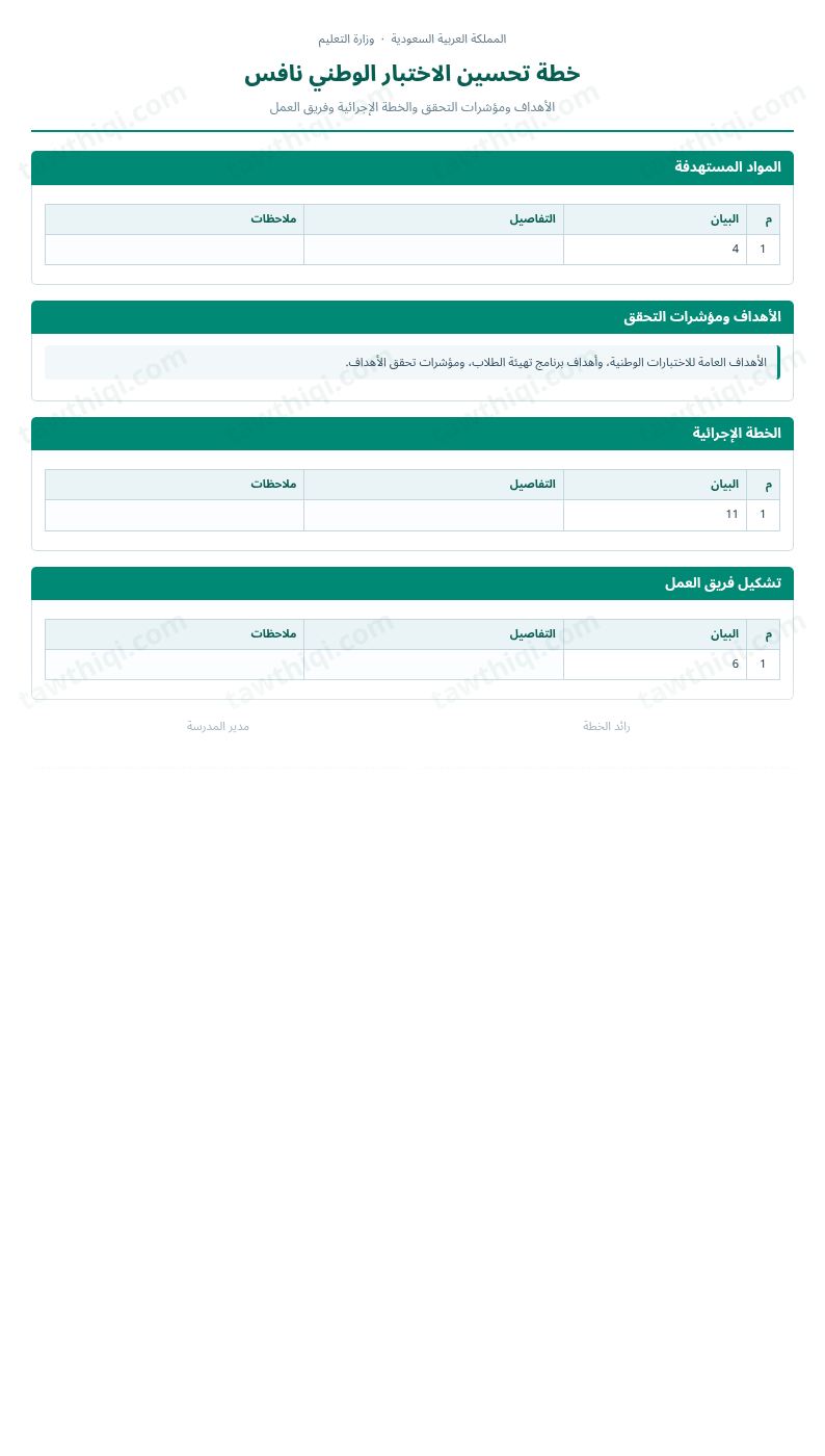 معاينة خطة تحسين الاختبار الوطني نافس — الشكل الكامل للنموذج جاهزاً للتعبئة والطباعة