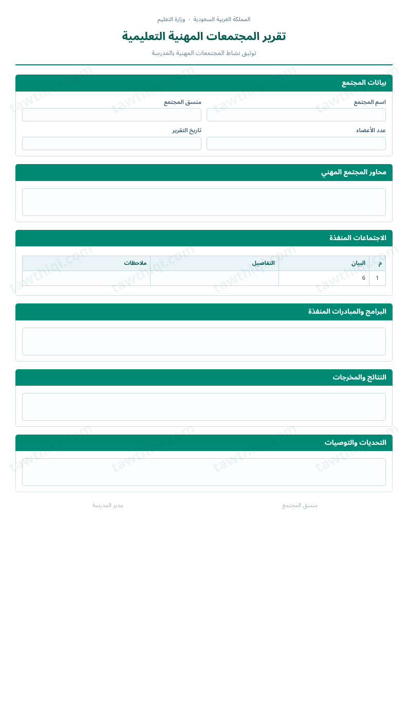معاينة تقرير المجتمعات المهنية التعليمية — الشكل الكامل للنموذج جاهزاً للتعبئة والطباعة