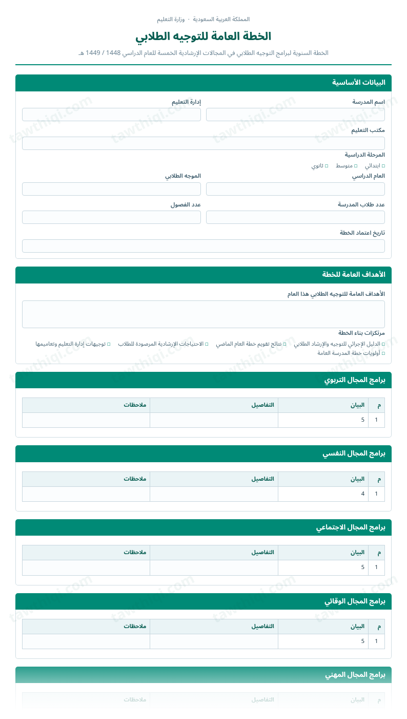 معاينة الخطة العامة للتوجيه الطلابي — الشكل الكامل للنموذج جاهزاً للتعبئة والطباعة