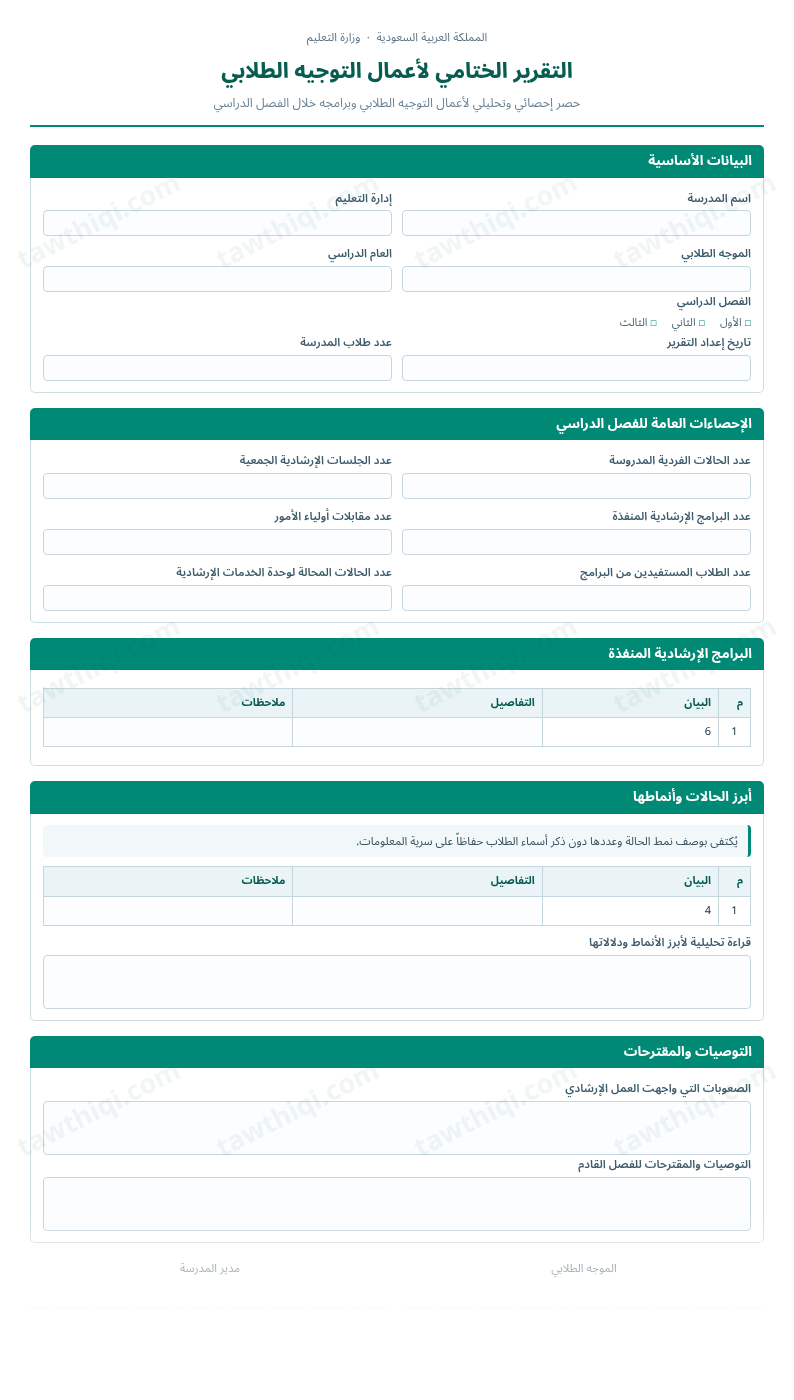 معاينة التقرير الختامي لأعمال التوجيه الطلابي — الشكل الكامل للنموذج جاهزاً للتعبئة والطباعة