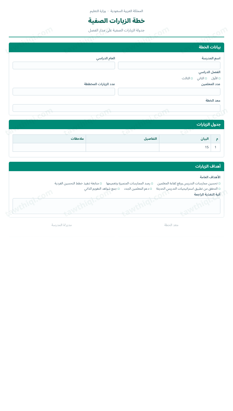 معاينة خطة الزيارات الصفية — الشكل الكامل للنموذج جاهزاً للتعبئة والطباعة