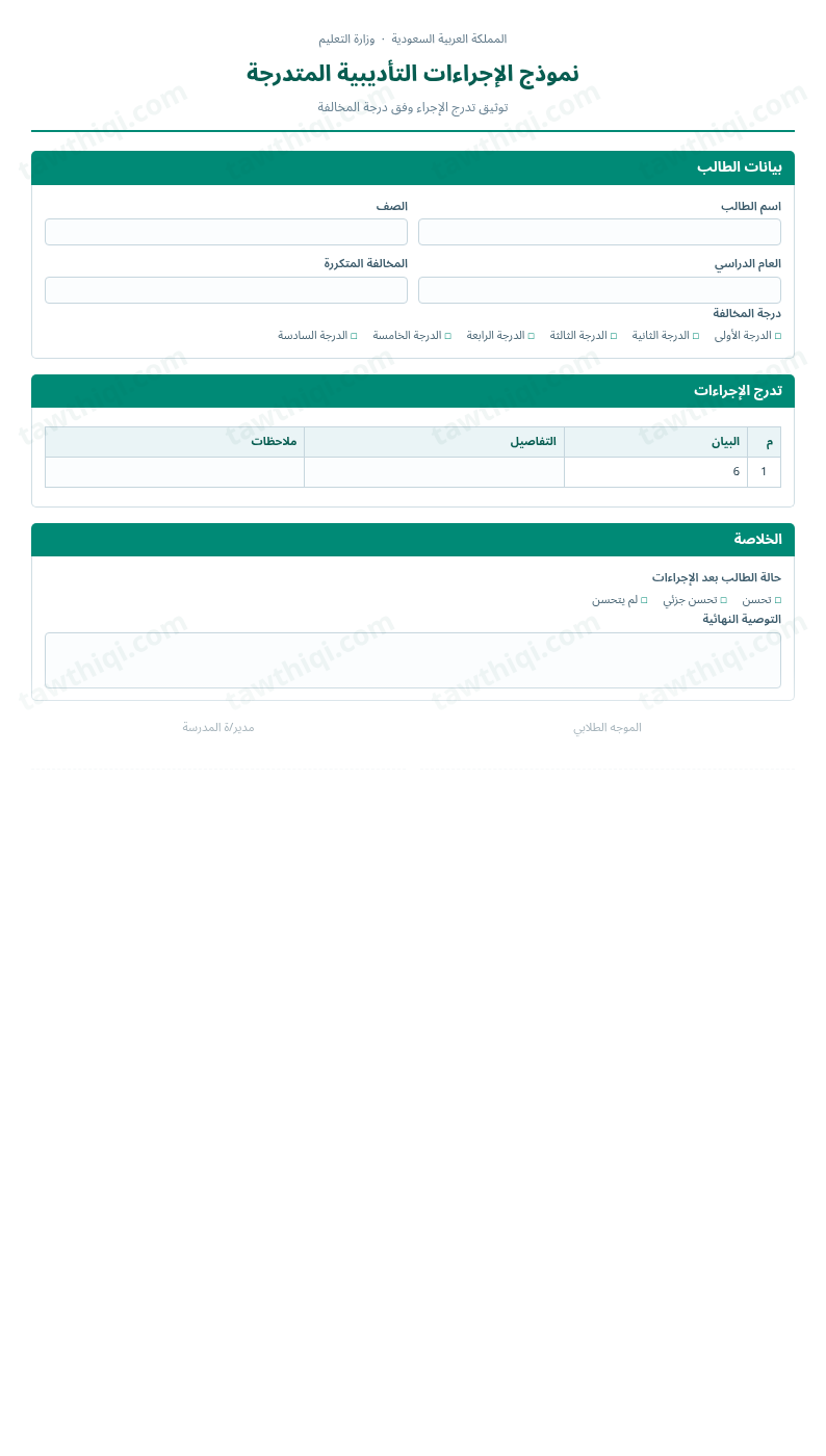 معاينة نموذج الإجراءات التأديبية المتدرجة — الشكل الكامل للنموذج جاهزاً للتعبئة والطباعة