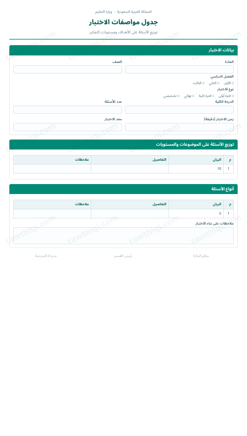 معاينة جدول مواصفات الاختبار — الشكل الكامل للنموذج جاهزاً للتعبئة والطباعة