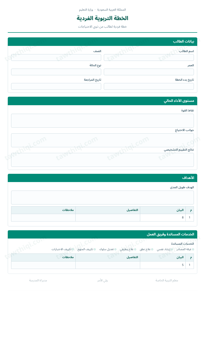 معاينة الخطة التربوية الفردية — الشكل الكامل للنموذج جاهزاً للتعبئة والطباعة