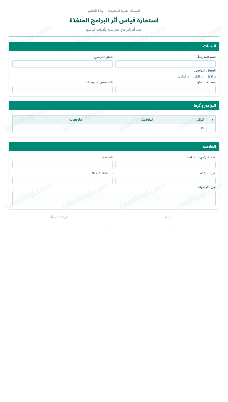 معاينة استمارة قياس أثر البرامج المنفذة — الشكل الكامل للنموذج جاهزاً للتعبئة والطباعة