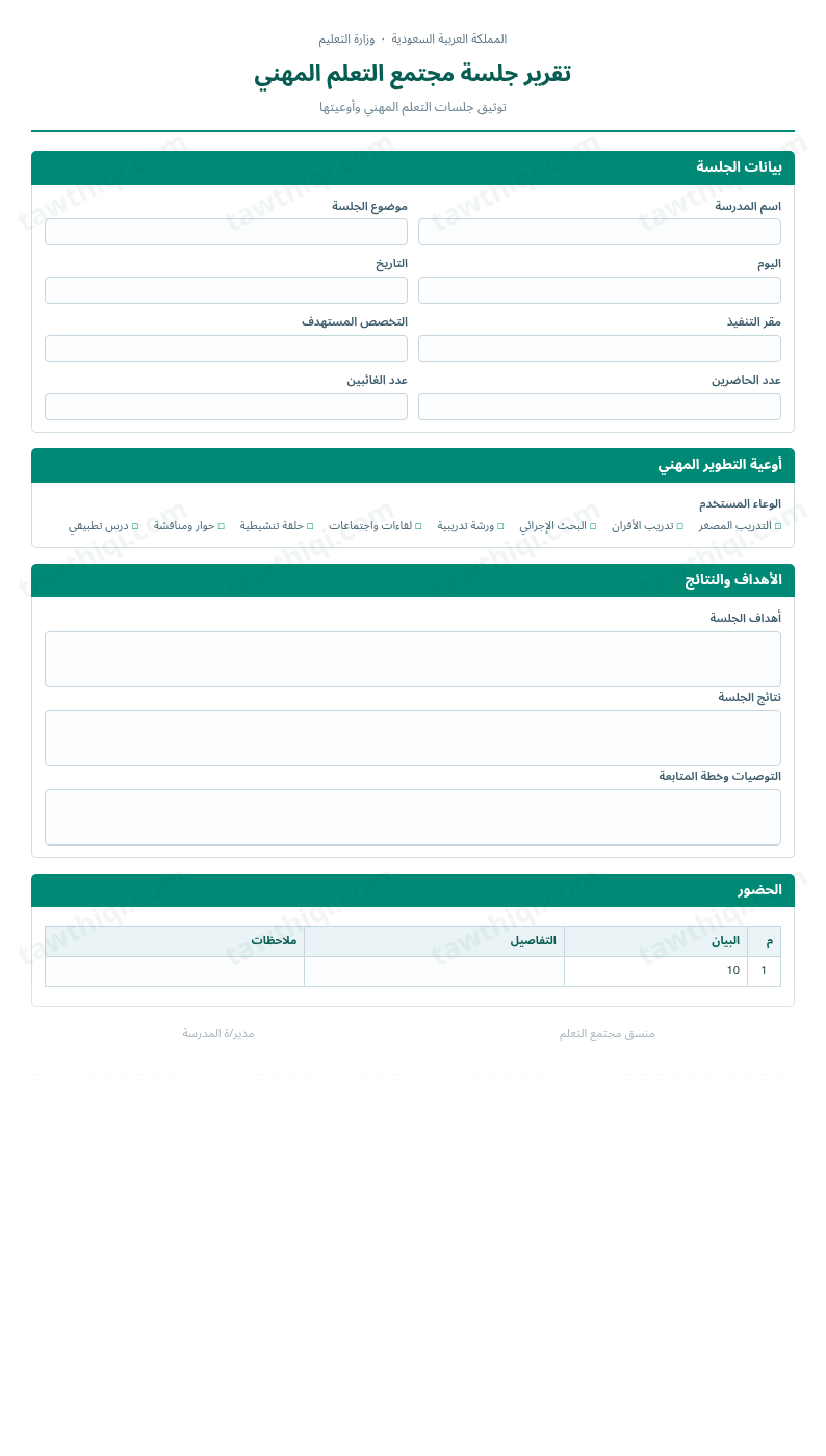 معاينة تقرير جلسة مجتمع التعلم المهني — الشكل الكامل للنموذج جاهزاً للتعبئة والطباعة