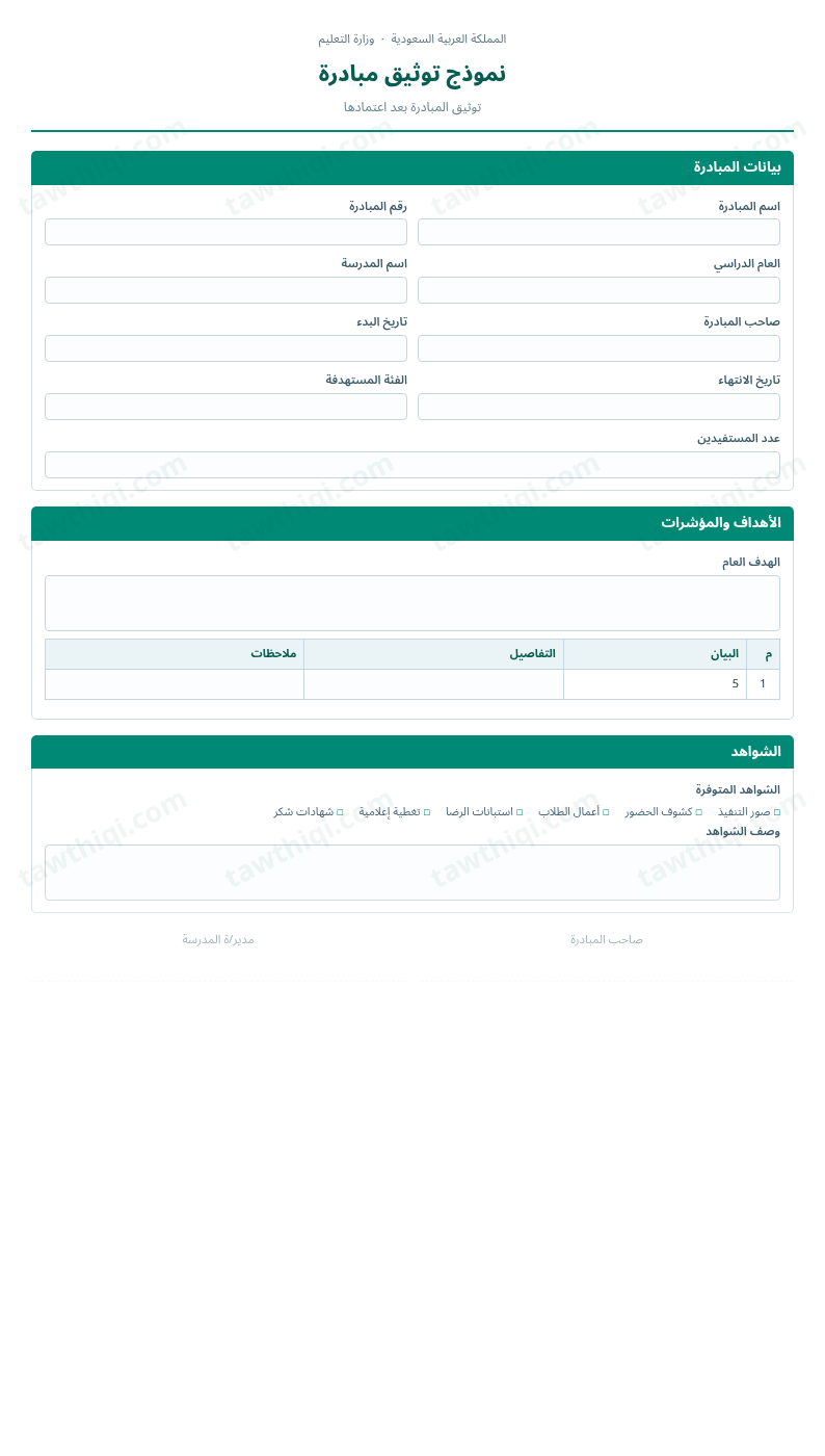 معاينة نموذج توثيق مبادرة — الشكل الكامل للنموذج جاهزاً للتعبئة والطباعة