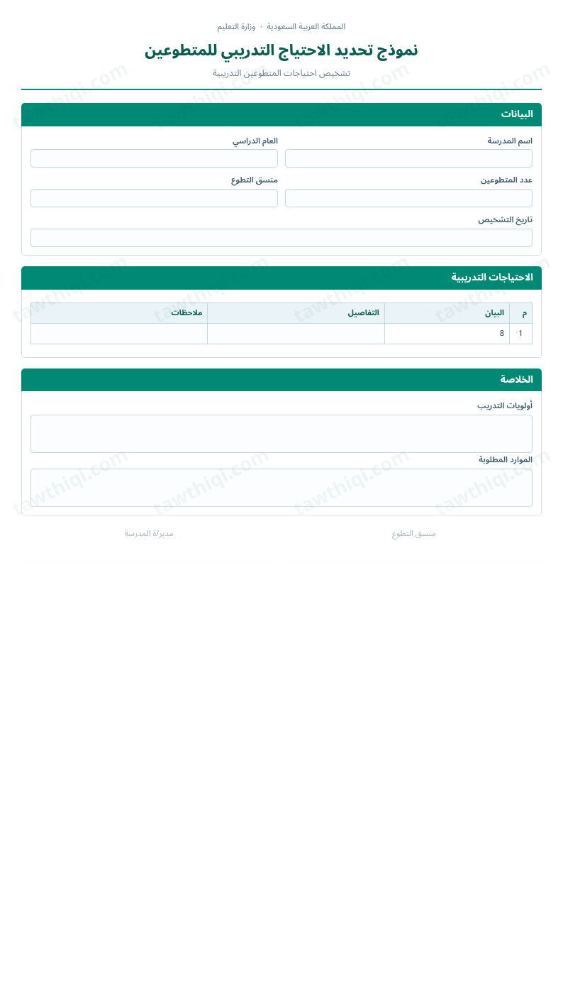 معاينة نموذج تحديد الاحتياج التدريبي للمتطوعين — الشكل الكامل للنموذج جاهزاً للتعبئة والطباعة