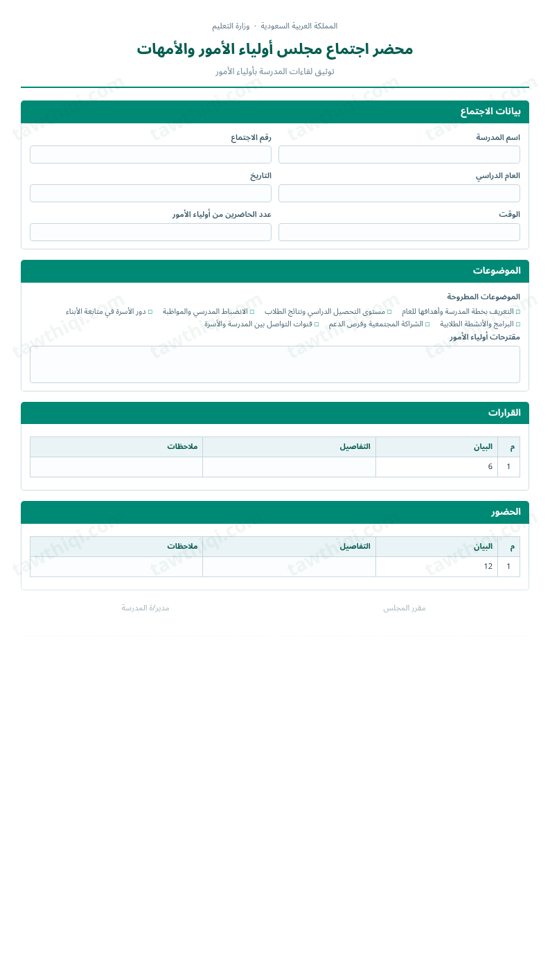 معاينة محضر اجتماع مجلس أولياء الأمور والأمهات — الشكل الكامل للنموذج جاهزاً للتعبئة والطباعة
