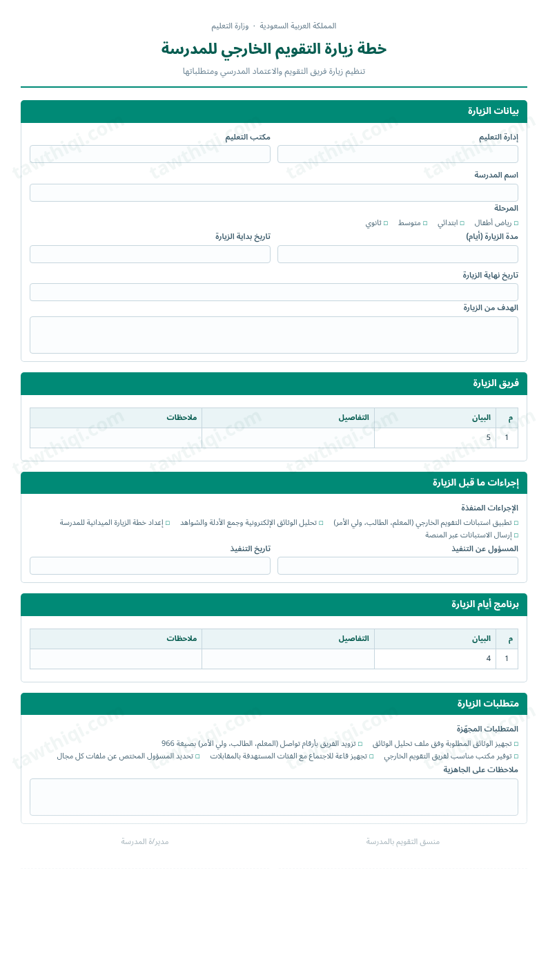 معاينة خطة زيارة التقويم الخارجي للمدرسة — الشكل الكامل للنموذج جاهزاً للتعبئة والطباعة