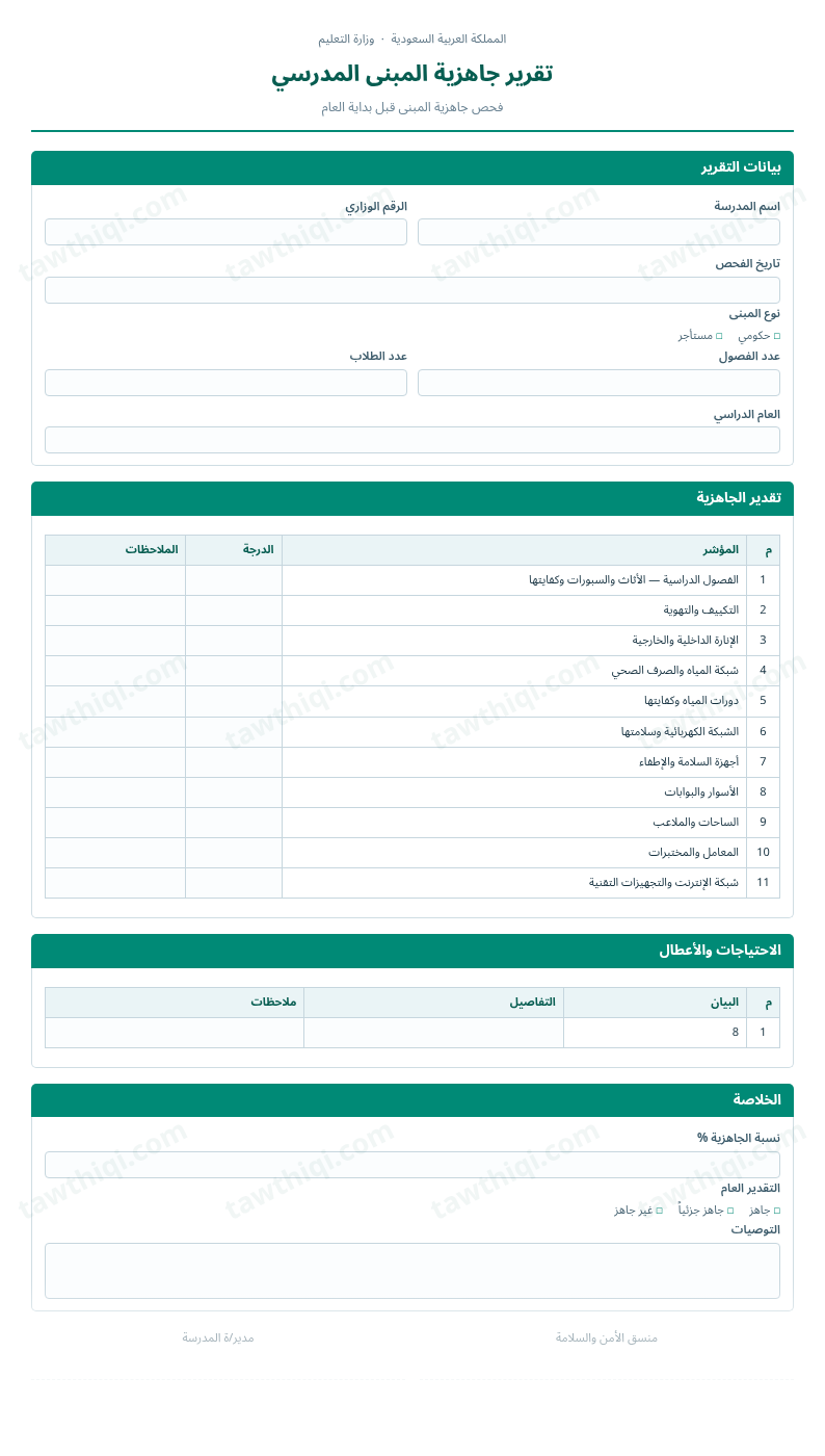 معاينة تقرير جاهزية المبنى المدرسي — الشكل الكامل للنموذج جاهزاً للتعبئة والطباعة