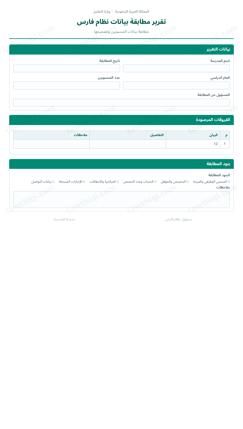 معاينة تقرير مطابقة بيانات نظام فارس — الشكل الكامل للنموذج جاهزاً للتعبئة والطباعة
